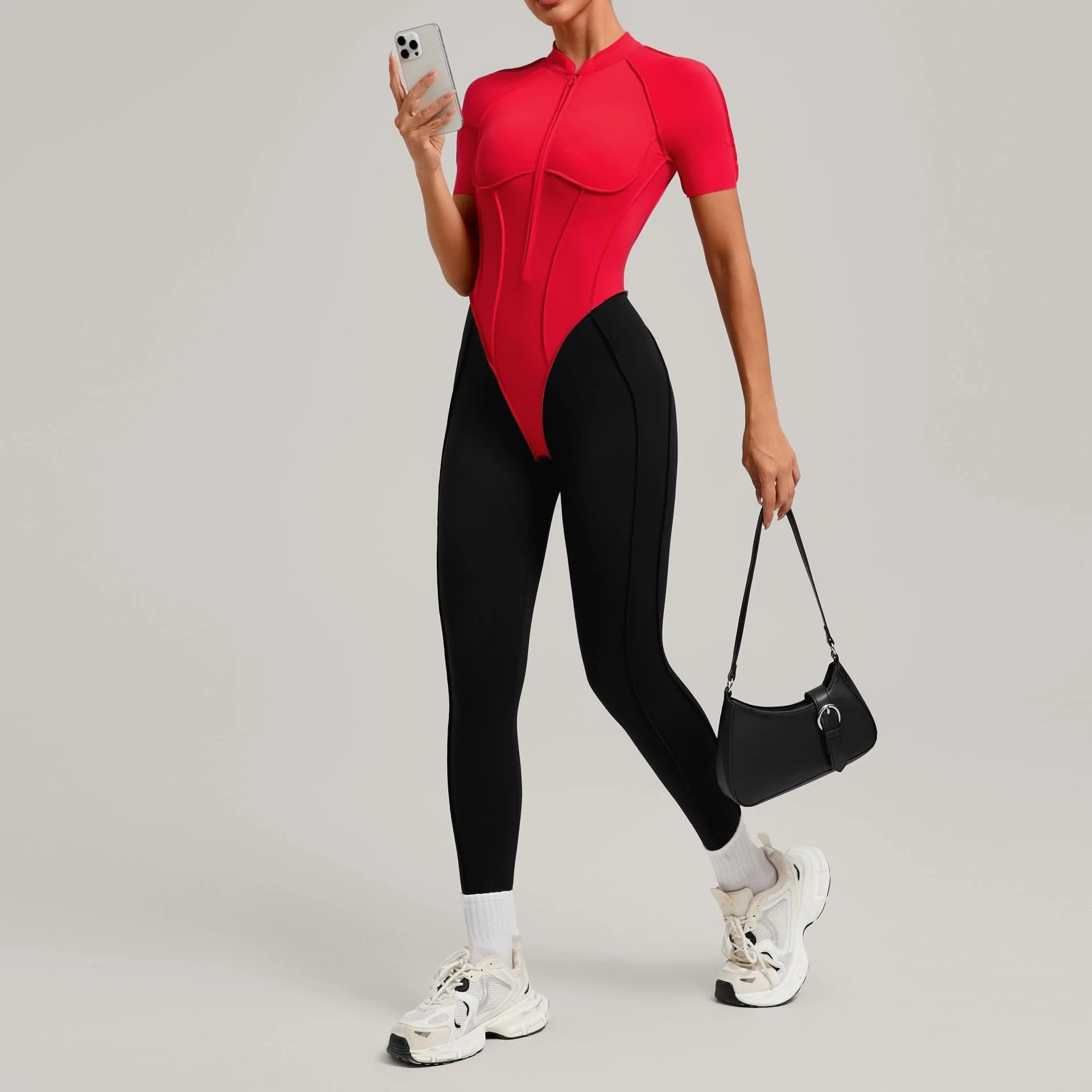 Seamless Long Sleeve Zip-Front Yoga Jumpsuit with Built-In Pad