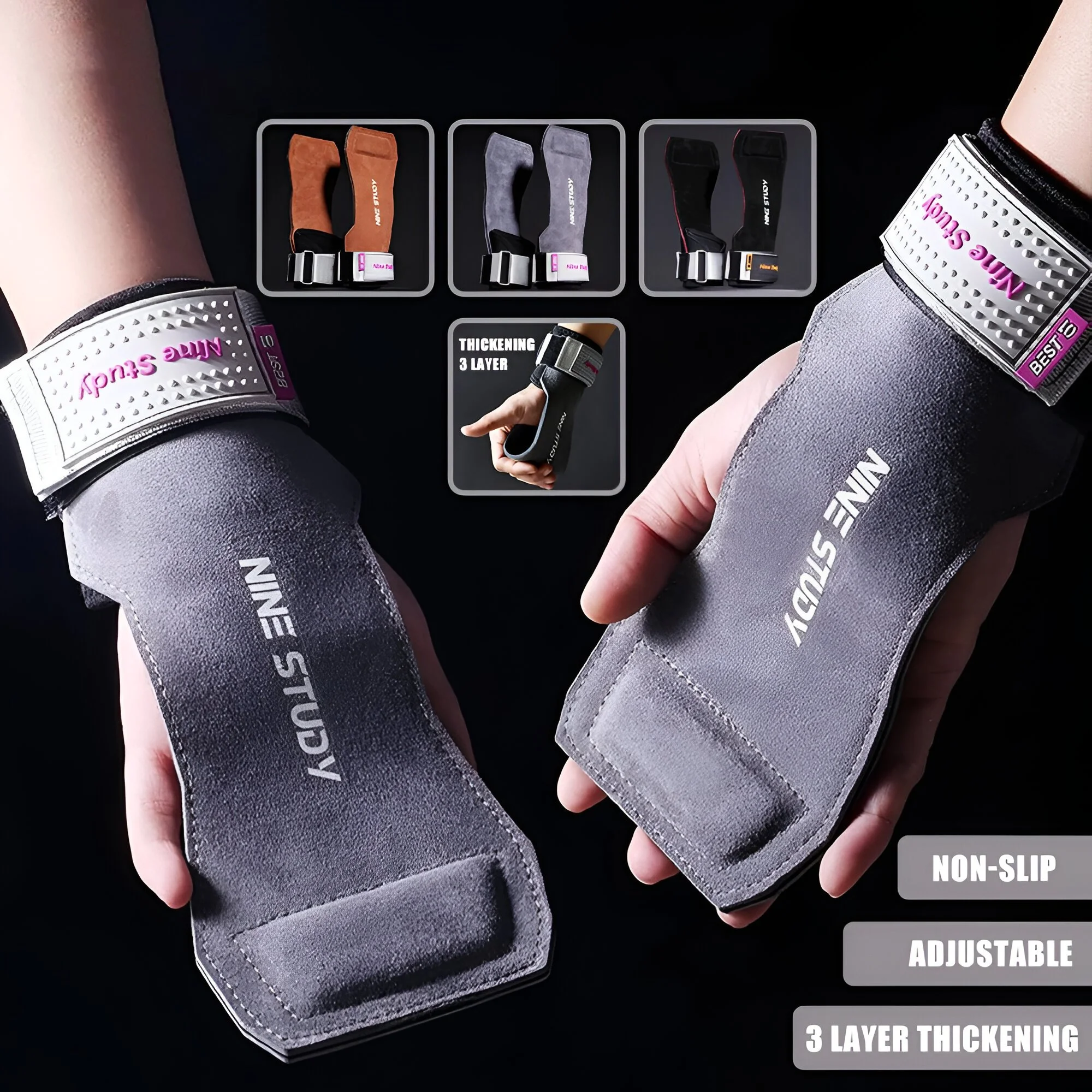 Premium 3-Layer Cowhide Fitness Lifting Straps & Grips Gloves for Gym Training