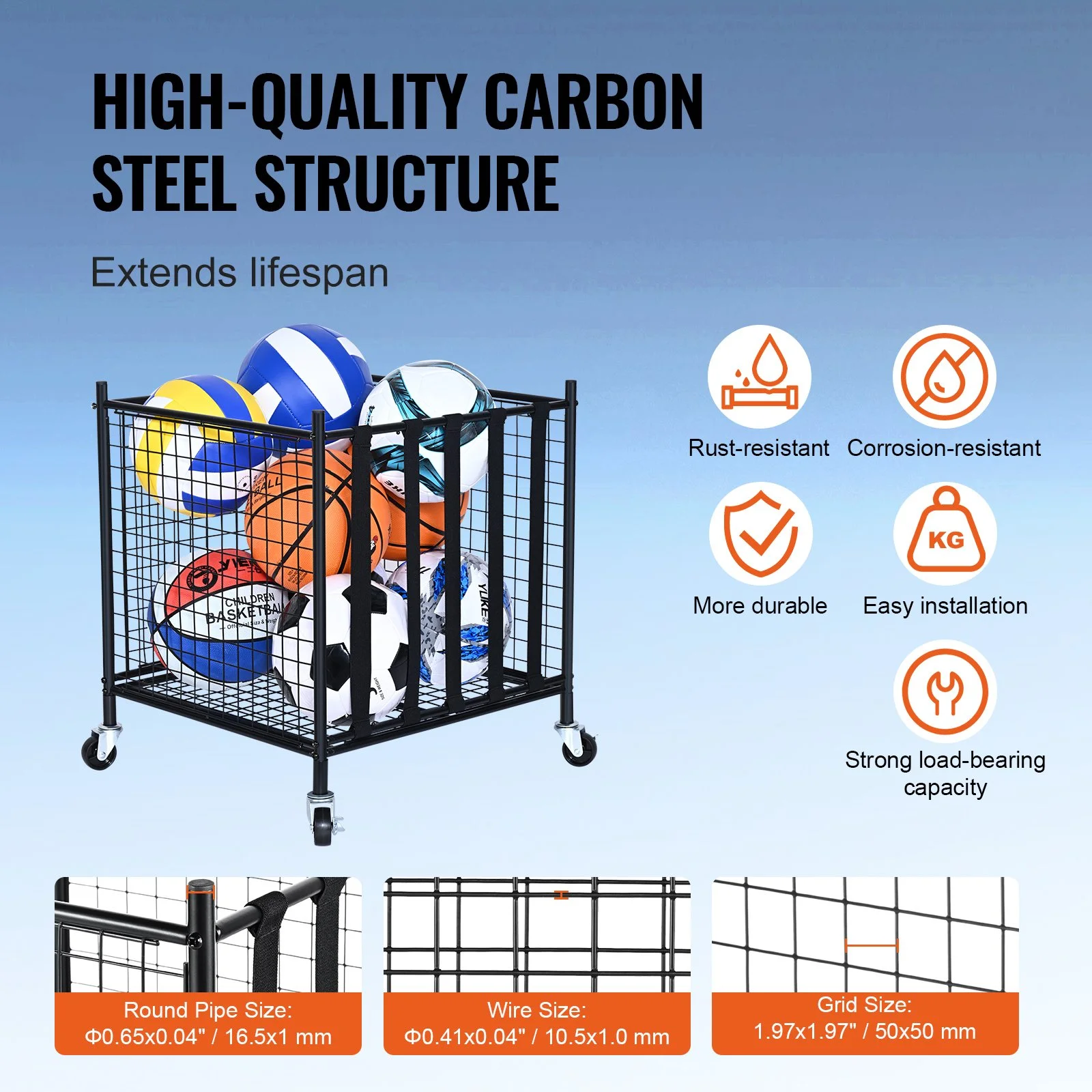 Rolling Sports Ball Storage Cart with Locking Wheels for Gyms & Garages