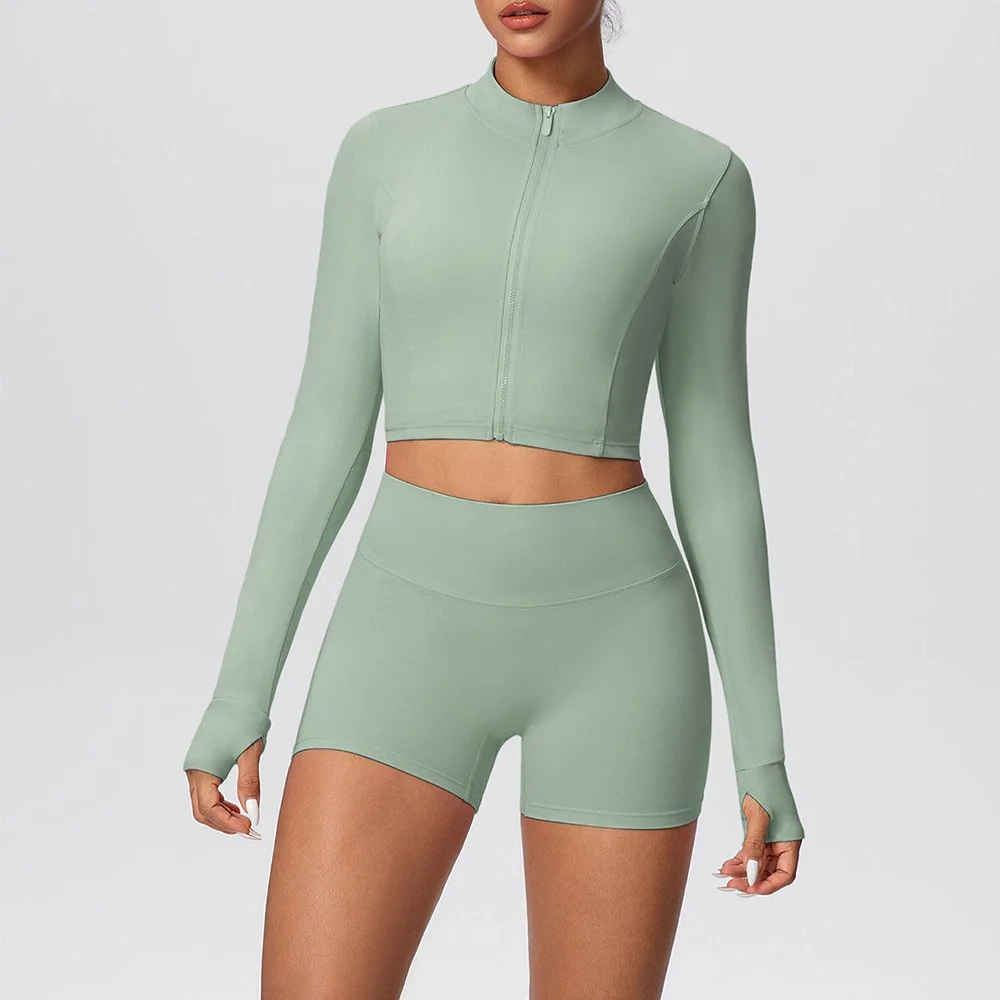 Long Sleeve Seamless Yoga Set 2-Piece Stretch Workout Outfit for Women