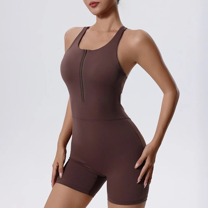 Women’s Zip Front Yoga Jumpsuit Push-Up Fitness Bodysuit
