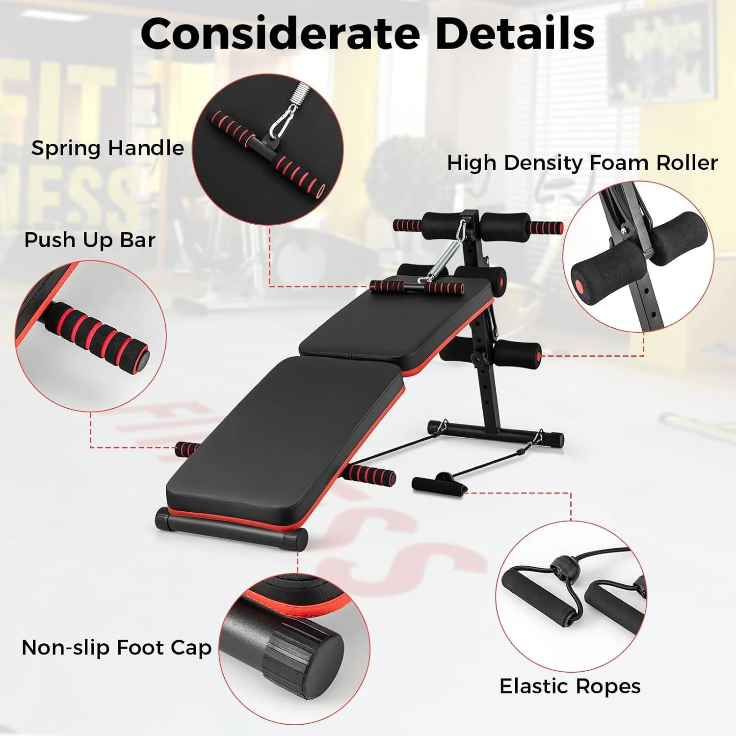 Adjustable Folding Sit Up Bench with Resistance Ropes & Push Up Handles