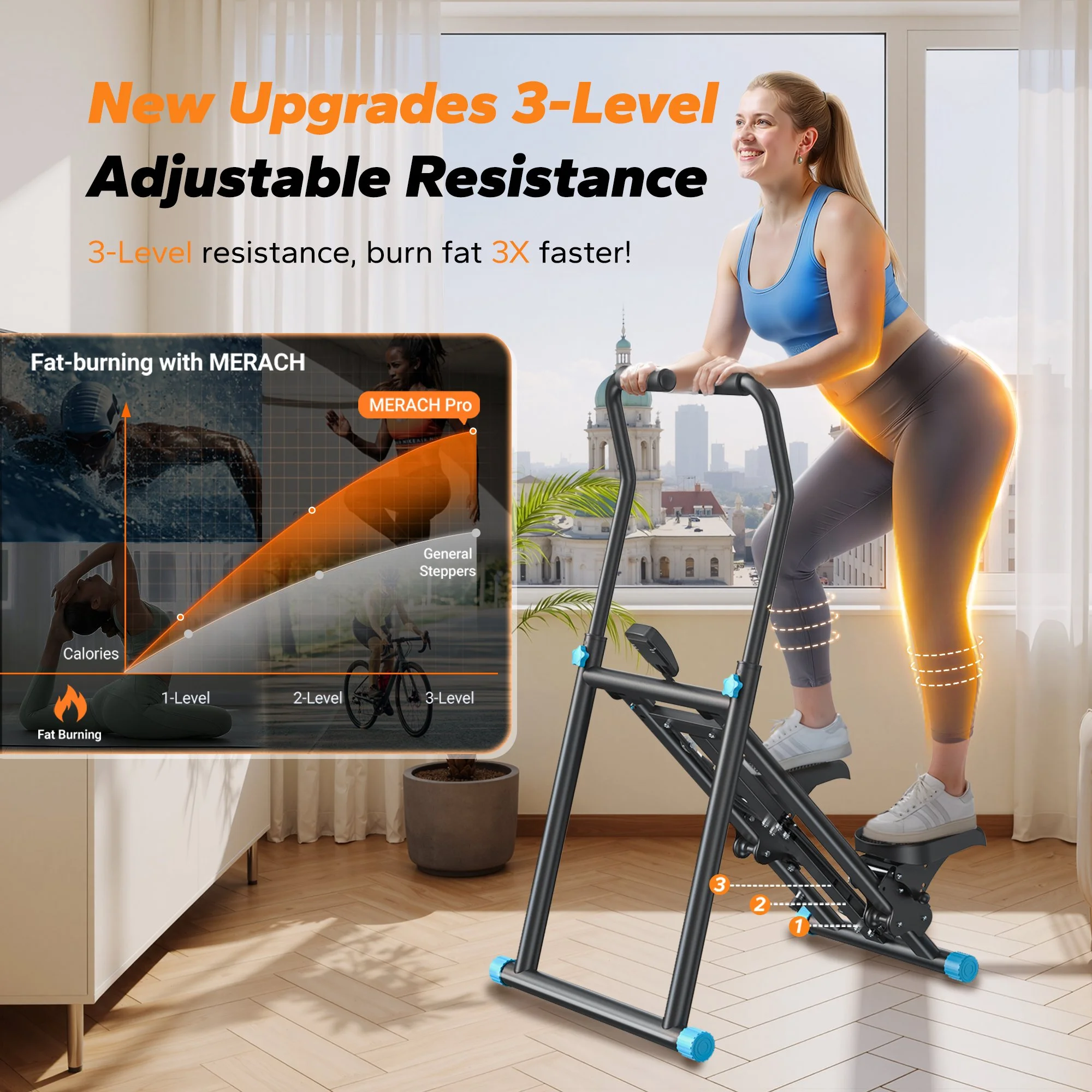 Vertical Folding Stair Stepper with Adjustable Resistance & Extended Step Range