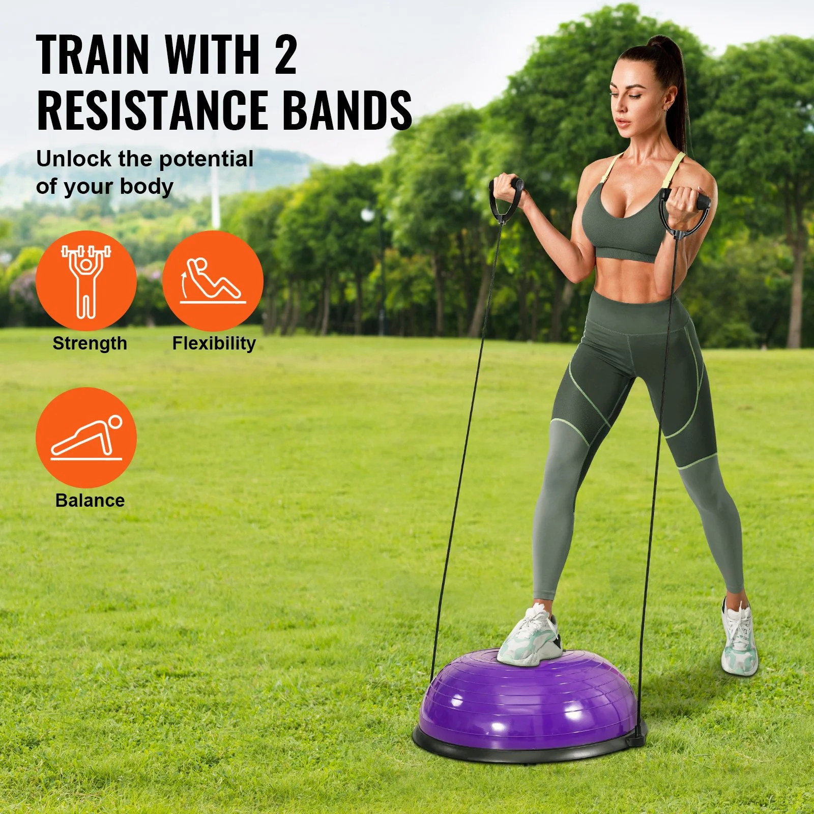 Half Balance Ball Trainer with Resistance Bands & Foot Pump for Full-Body Workouts