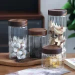 Striped Glass Tea Jar with Wooden Lid – 250ml Airtight Kitchen Storage