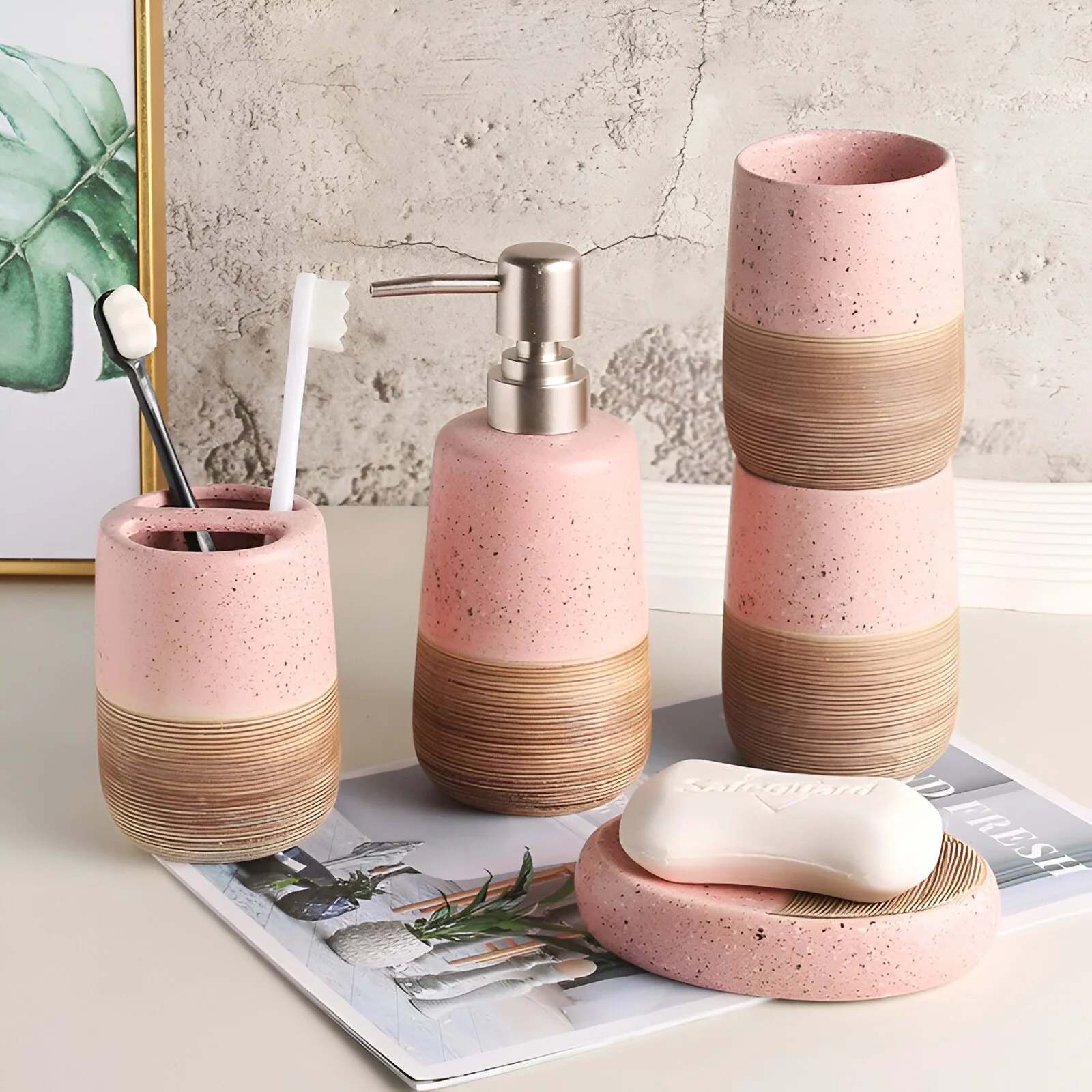 Pink Ceramic Bathroom Accessory Set – Toothbrush Holder, Soap Dispenser & Cup