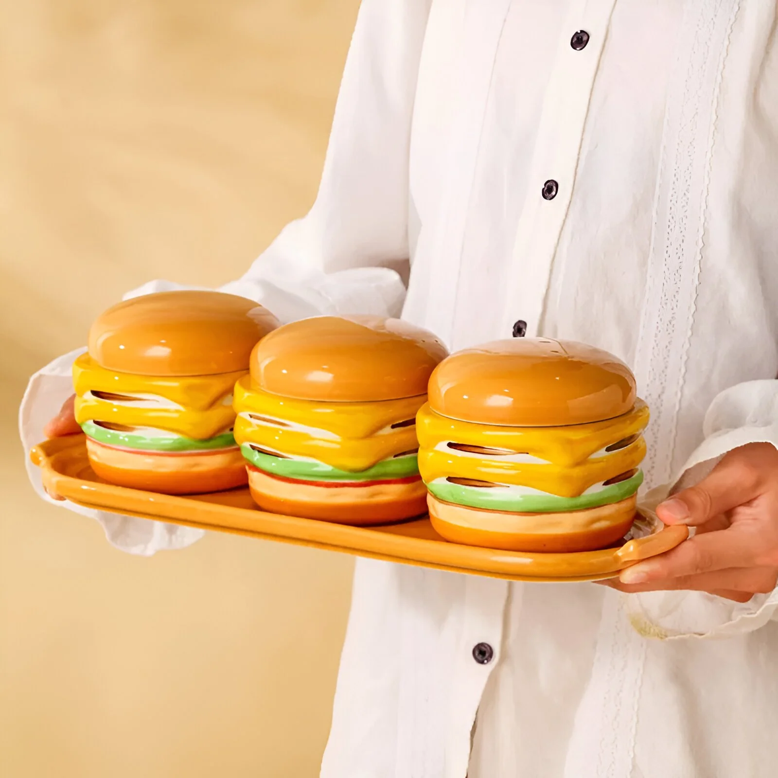 Cute Hamburger Ceramic Spice Jar with Spoon