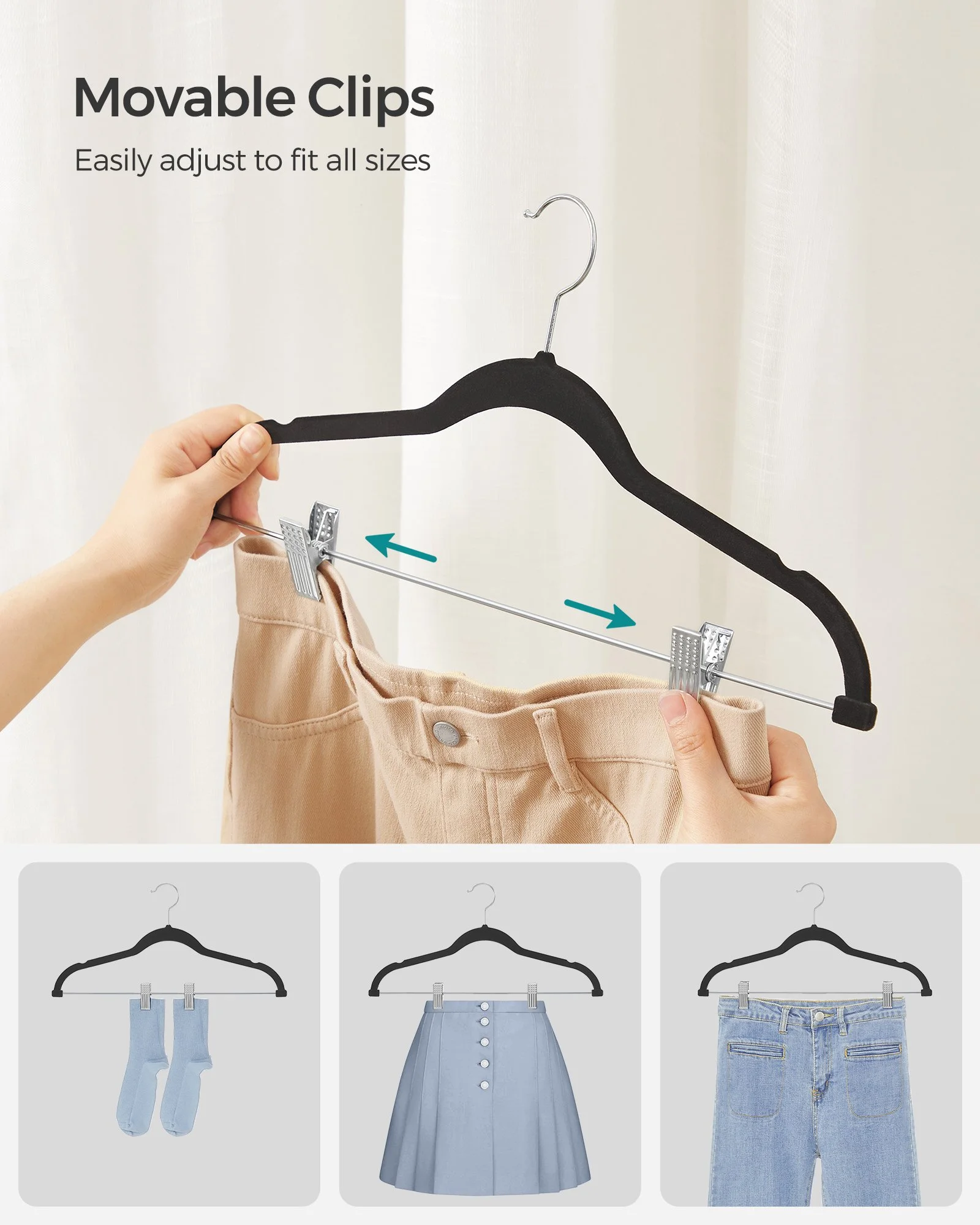 20-Pack Velvet Pants Hangers with Adjustable Clips, 16.7-Inch Non-Slip Design