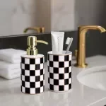 Black & White Checkered Ceramic Soap Dispenser & Bathroom Organizer Set