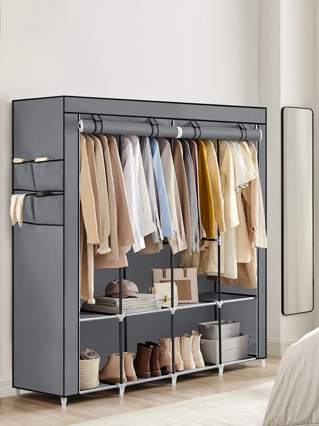 Portable Closet Wardrobe Organizer with Cover, Hanging Rods & Shelves