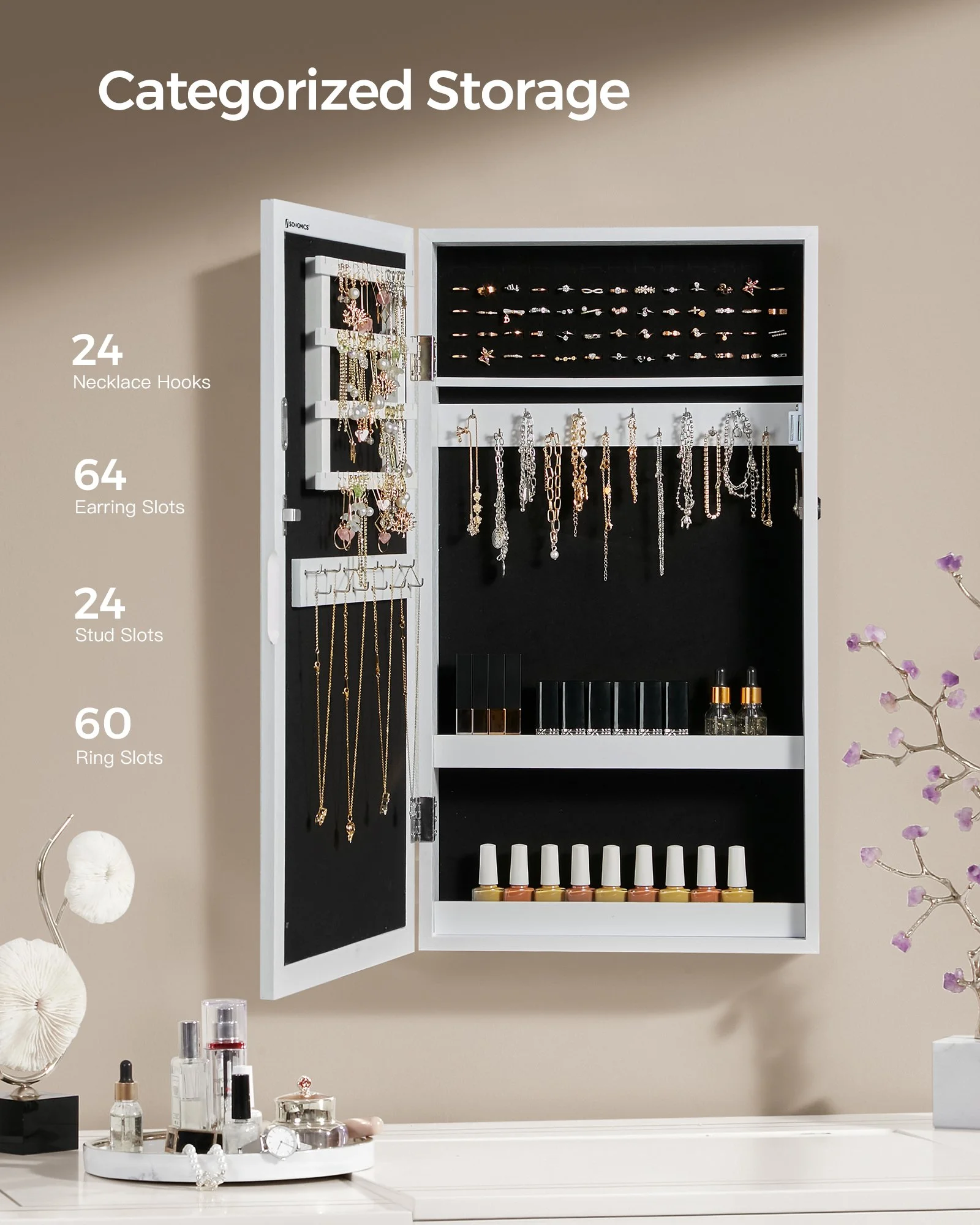 Wall-Mounted Lockable Jewelry Cabinet with Mirror, Space-Saving Organizer