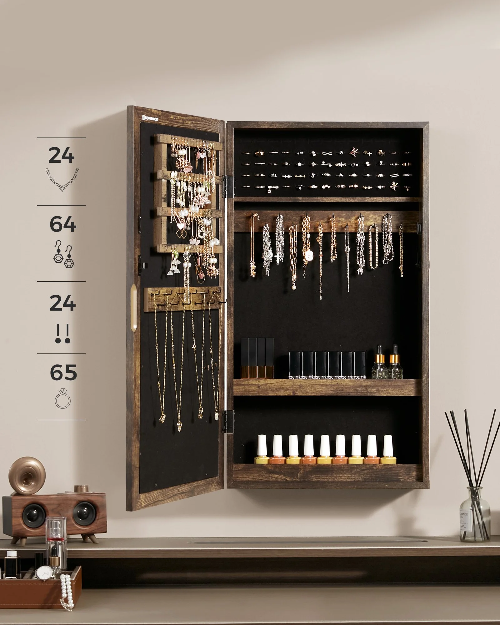 Wall-Mounted Lockable Jewelry Cabinet with Mirror – Space-Saving Organizer