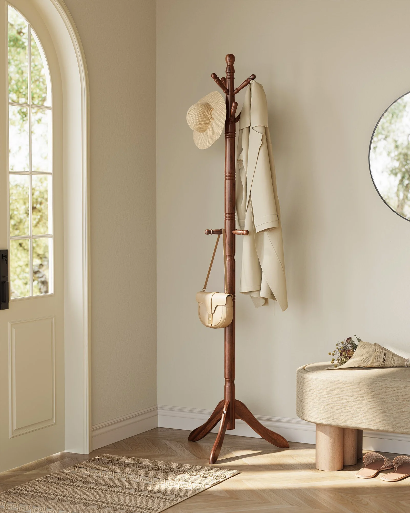 Solid Wood Free-Standing Coat Rack with 10 Hooks for Entryway