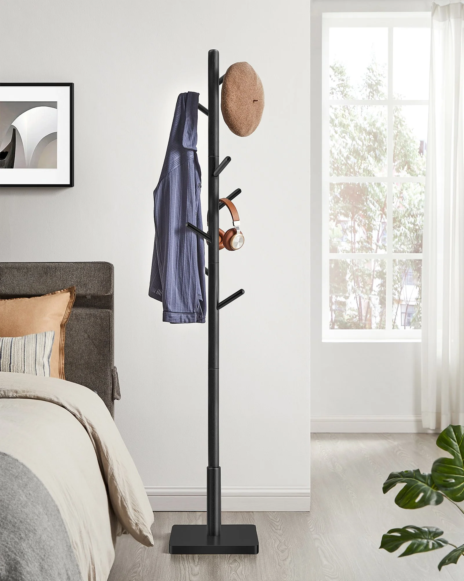 Solid Wood Freestanding Coat Rack with Adjustable Height & 8 Hooks