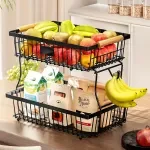 2-Tier Metal Fruit Basket with Banana Hangers and Detachable Wooden Handle