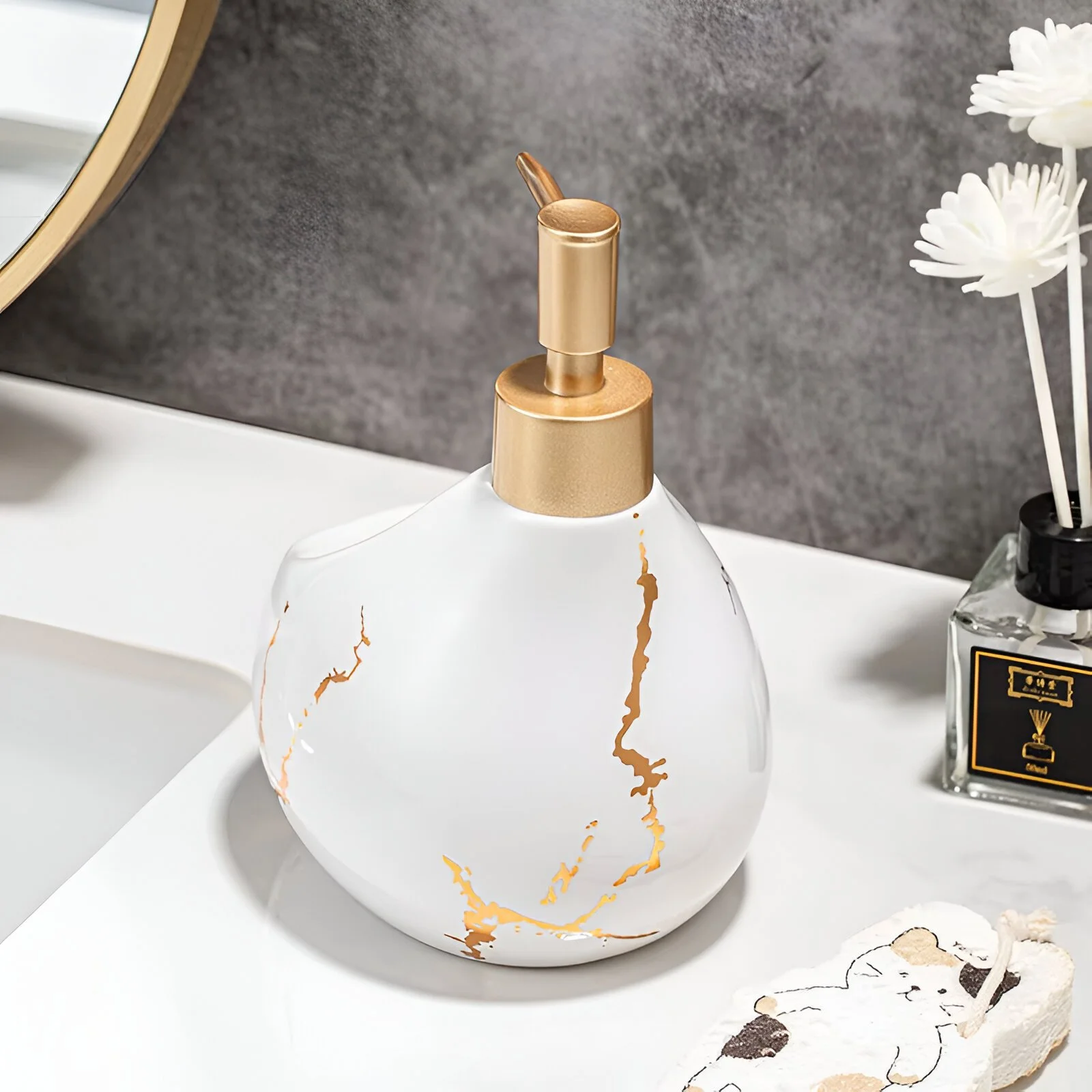 Marble Ceramic 2-in-1 Soap and Detergent Press Dispenser for Kitchen & Bathroom