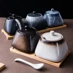 Japanese Ceramic Spice Jar with Spoon - Salt, Sugar, Pepper Seasoning Box for Kitchen