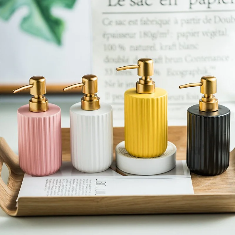 Matte Striped Ceramic Soap & Lotion Dispenser for Bathroom and Kitchen
