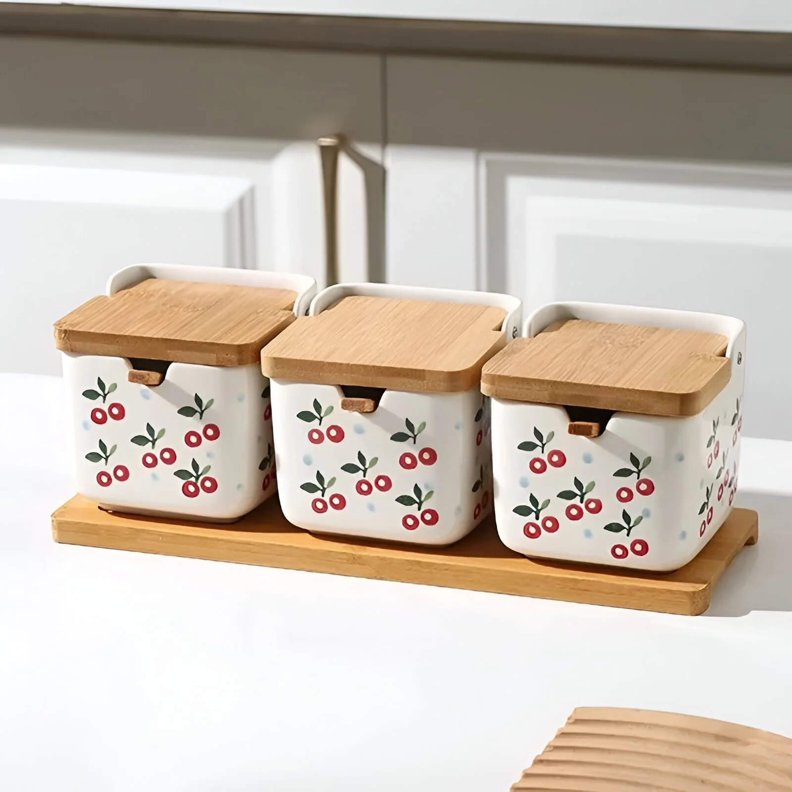Square Ceramic Seasoning Jar Set with Cherry Wood Storage Box
