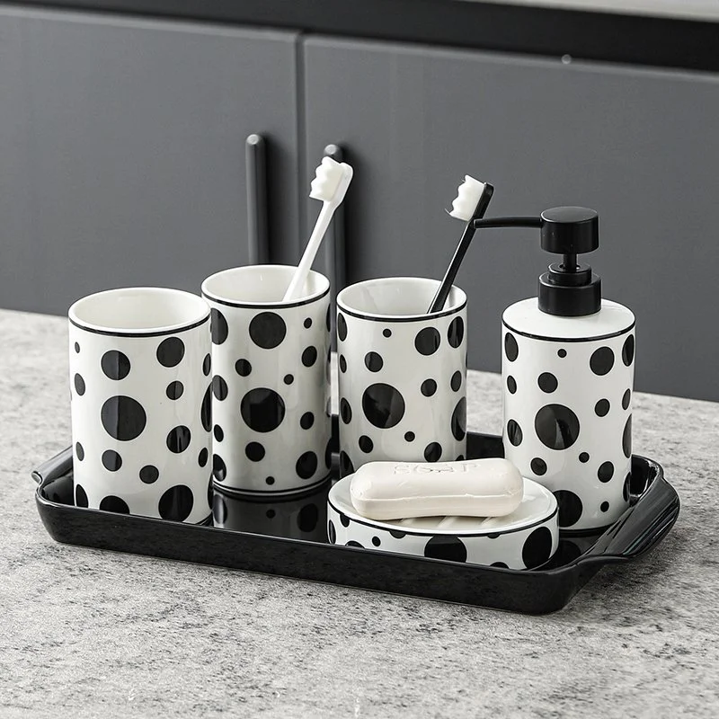 French Polka Dot Ceramic Bathroom Countertop Accessory Set