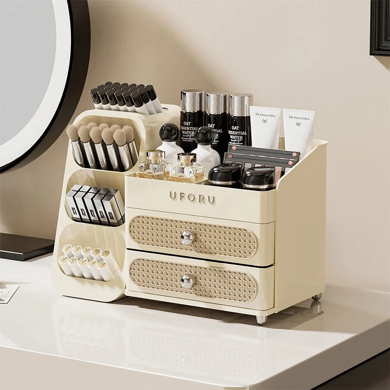 Large Capacity Rattan Cosmetic Storage Box with Drawer – Dressing Table Organizer