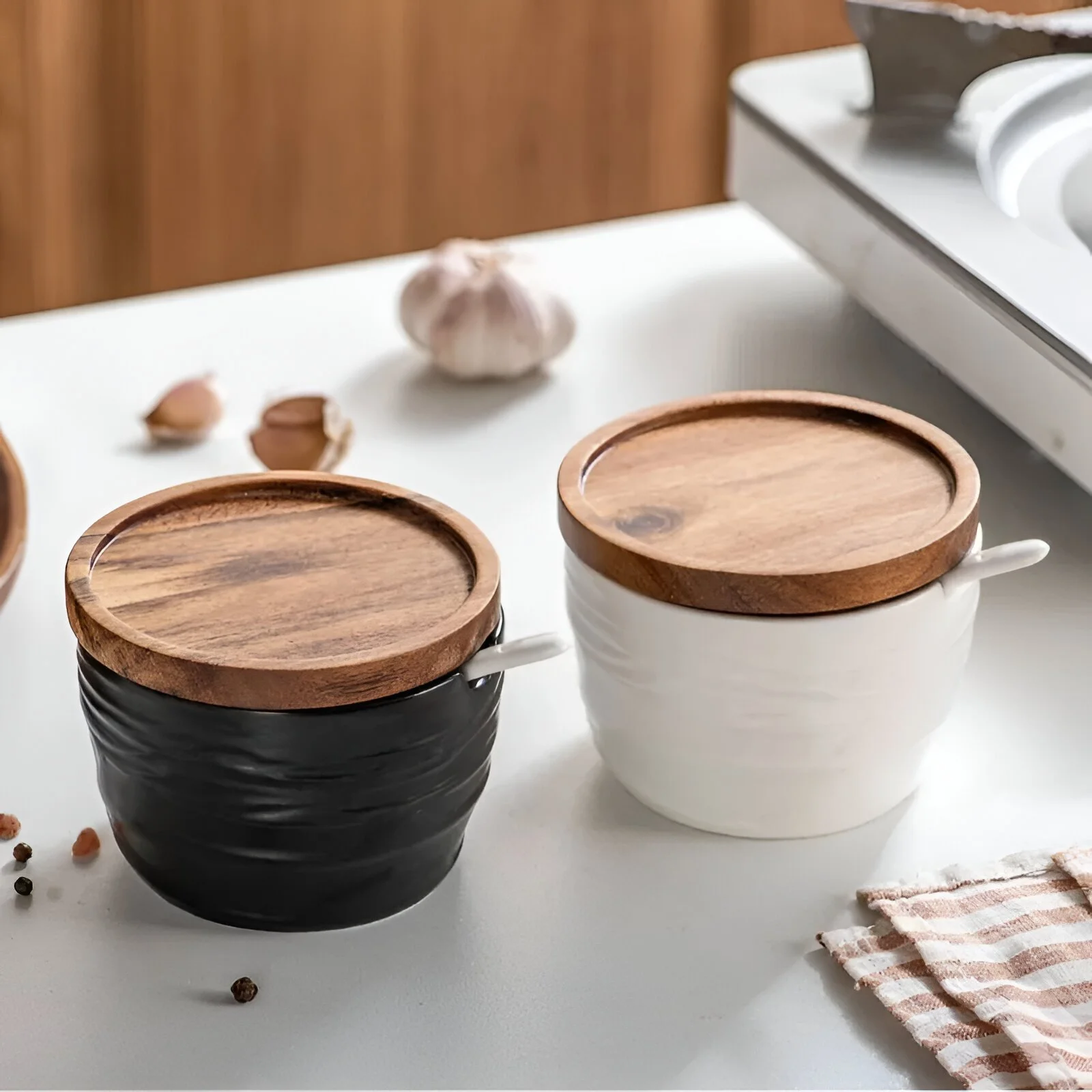 Japanese Style Ceramic Salt Jar with Bamboo and Wood Lid – 2pcs Set