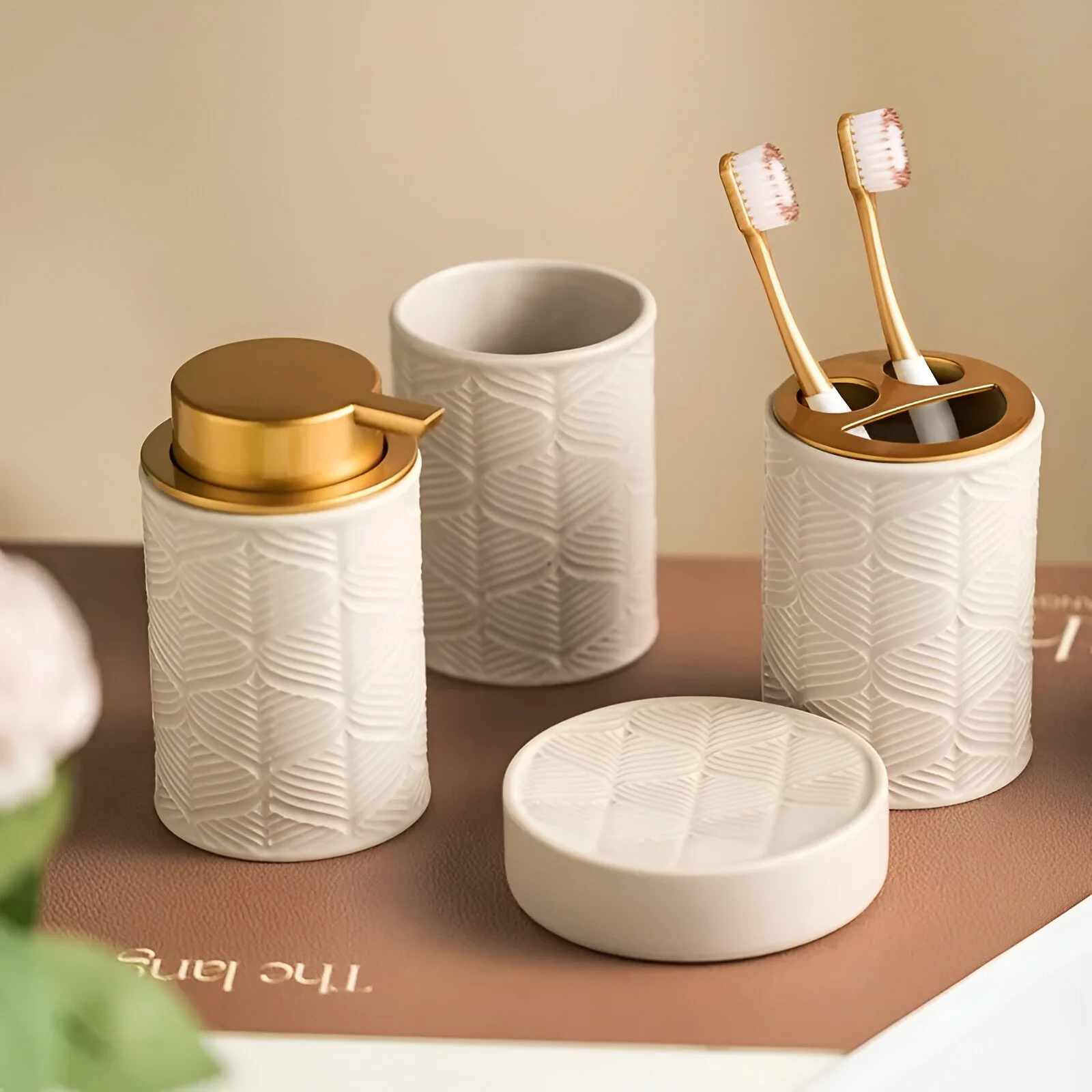 Ceramic Bathroom Accessories Set - 4 Piece Set for Soap, Lotion, Toothbrush, and More