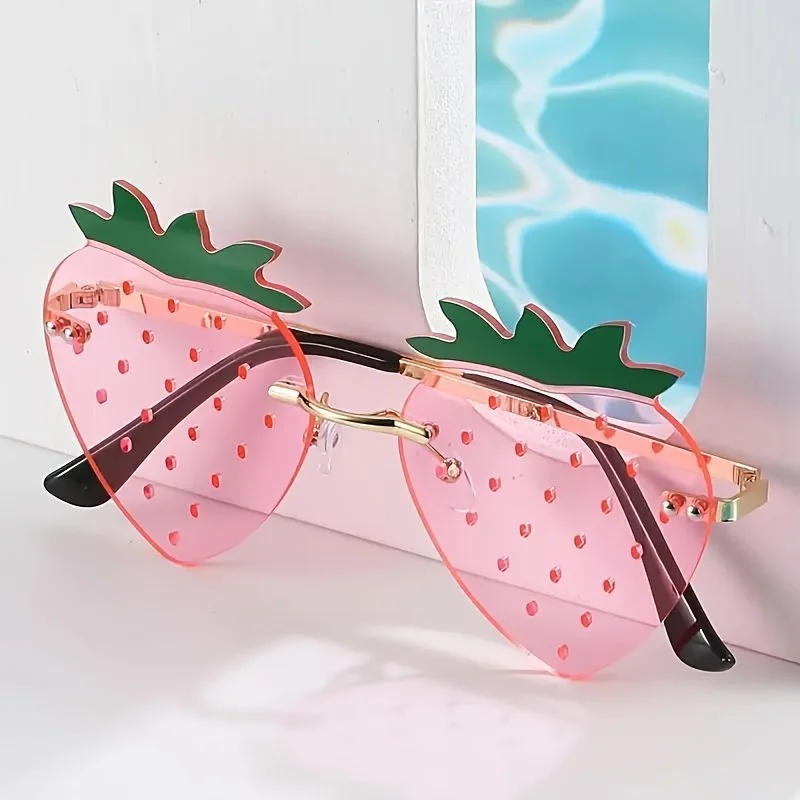 Y2K Strawberry Rimless Sunglasses – Cute Candy Color Party Eyewear for Women