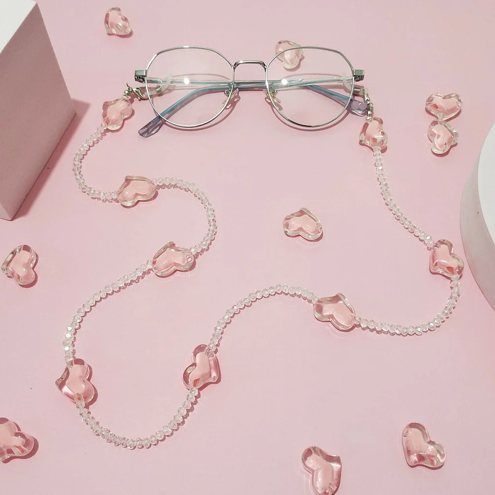 Romantic Pink Heart Crystal Beaded Glasses Chain