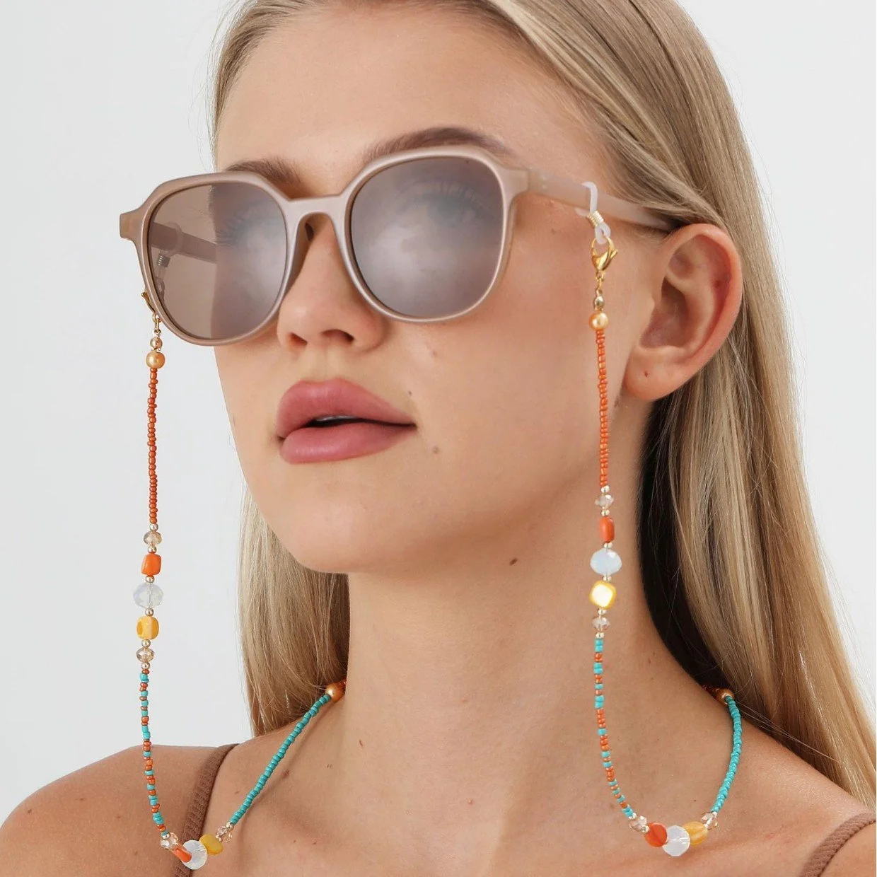 Colorful Glass Filled Rice Bead Glasses Chain – Pink Flower Anti-Slip Eyewear Chain