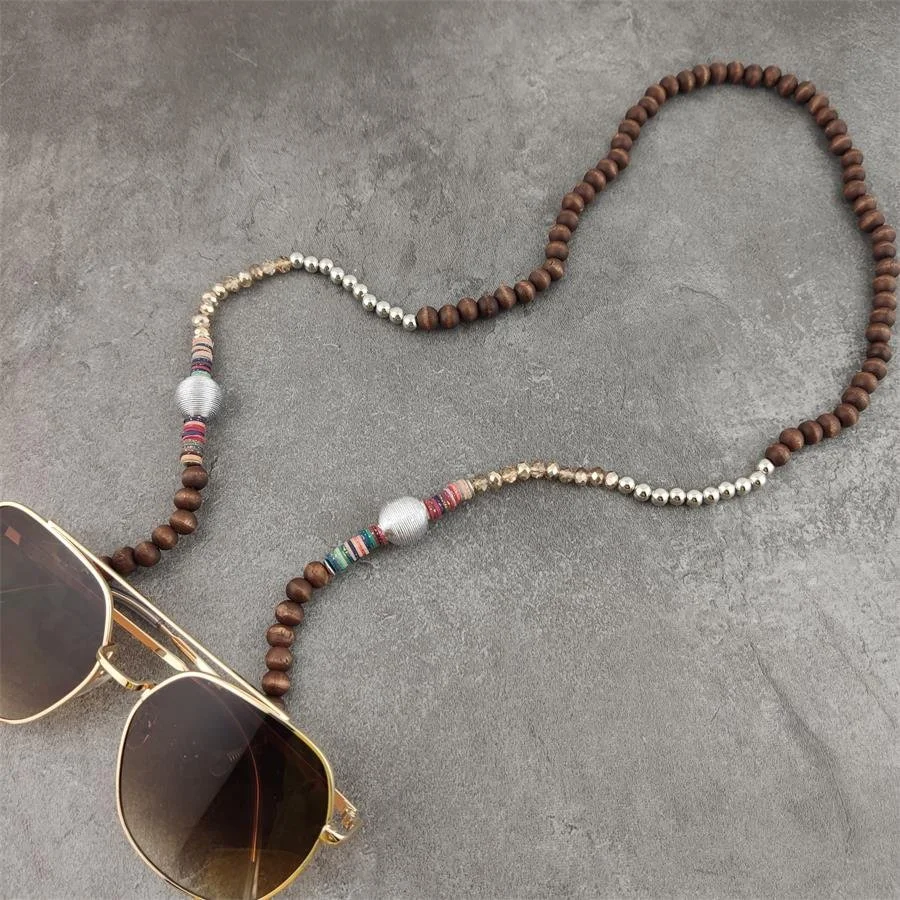 Boho Beaded Eyeglass Chain with Silver Accents – 29.5 inch Wood Cord Holder