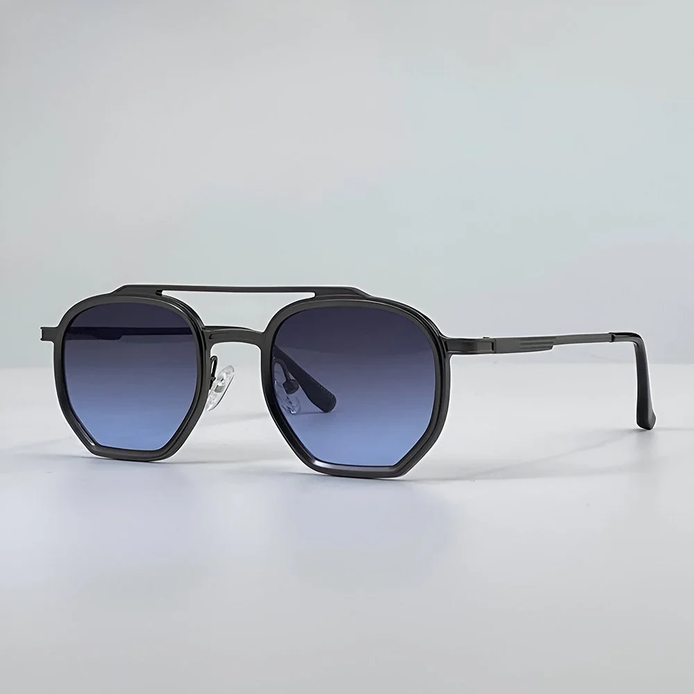 Men’s Small Frame Square Steampunk Sunglasses with Double Beam Metal Design