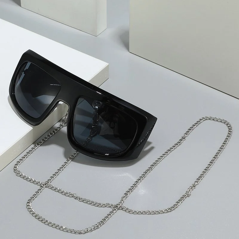 Retro Oversized Cat Eye Sunglasses with Chain Decoration, UV400 Mirror Shades