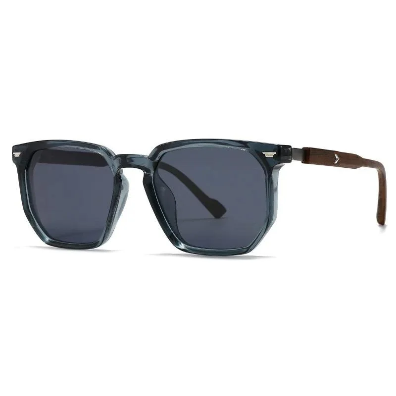 Polarized Polygon Square Sunglasses with Wood Grain Frame and Rivets