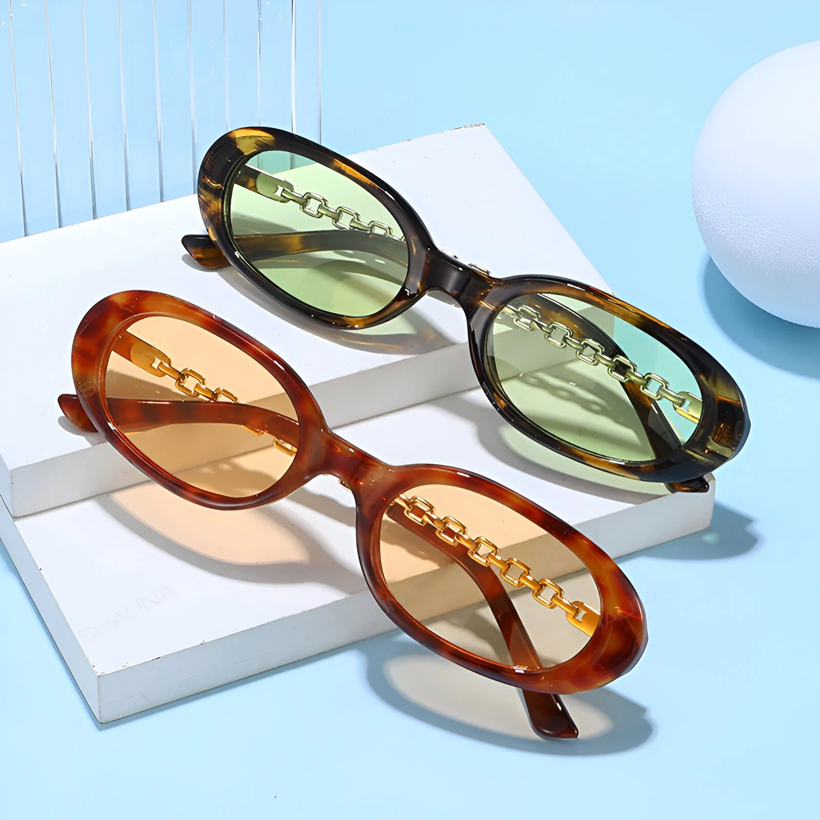 Retro Oval Sunglasses with Metal Chain Legs – UV400 Protection for Men & Women